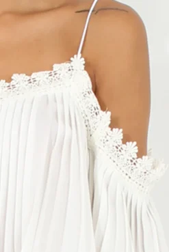 Rebellious Fashion White Pleated Crochet Trim Cold Shoulder Crop Top - Jil
