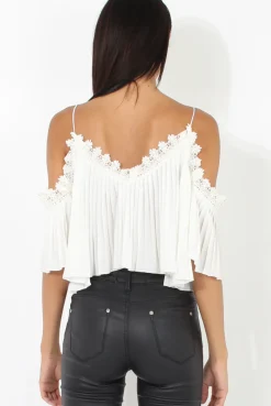 Rebellious Fashion White Pleated Crochet Trim Cold Shoulder Crop Top - Jil