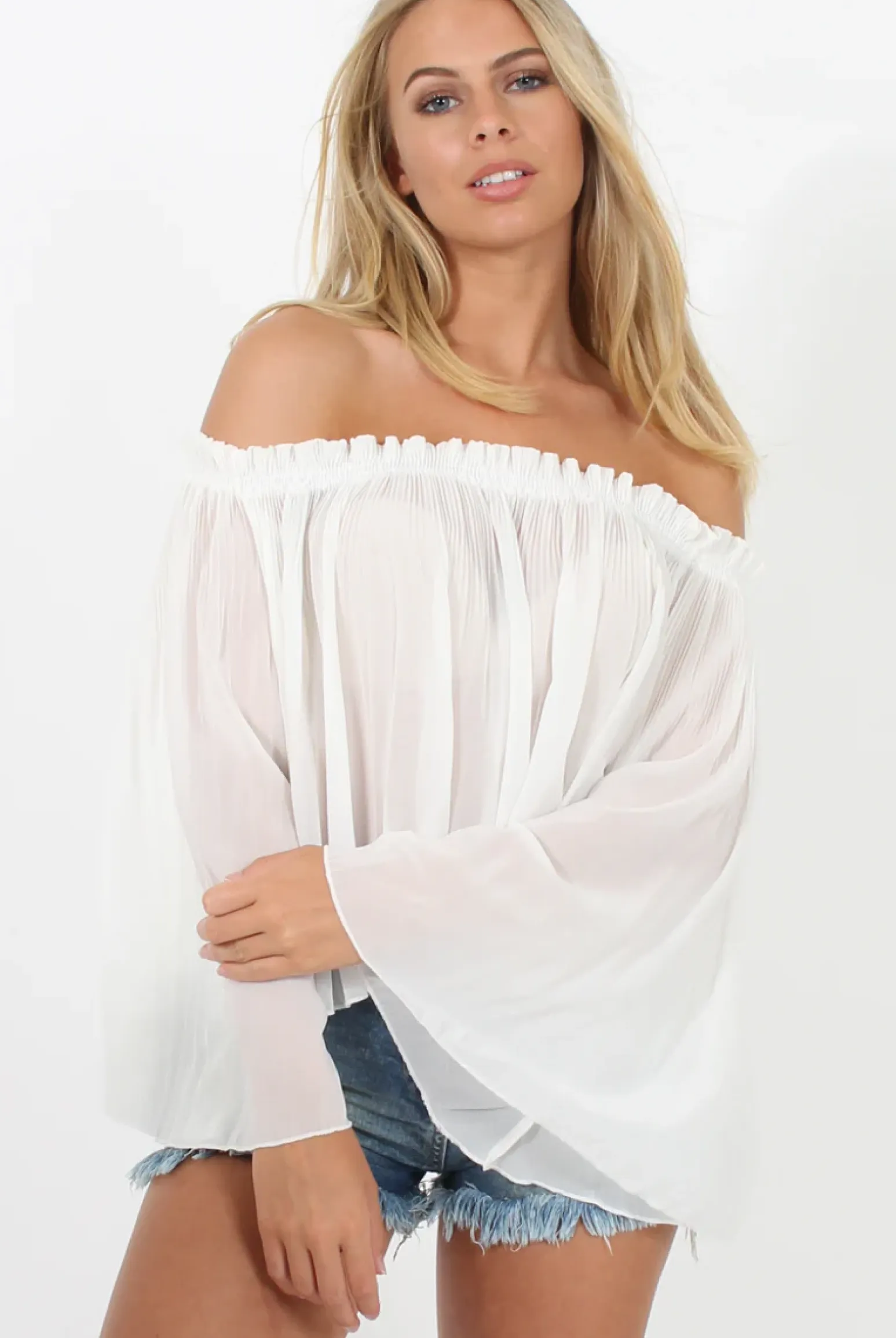 Rebellious Fashion White Pleated Three Quarter Bell Sleeve Crop - Stacey