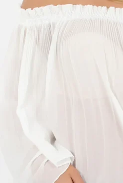 Rebellious Fashion White Pleated Three Quarter Bell Sleeve Crop - Stacey