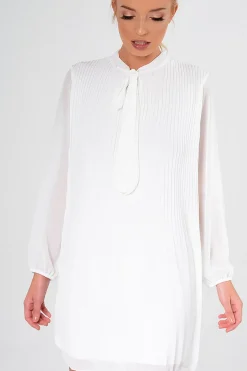 Rebellious Fashion White Pleated Tie Neck Long Sleeve Swing Dress - Nickie