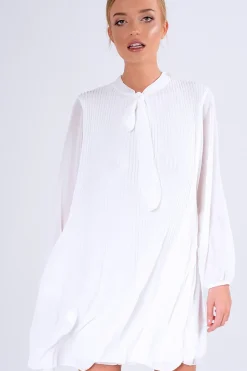 Rebellious Fashion White Pleated Tie Neck Long Sleeve Swing Dress - Nickie