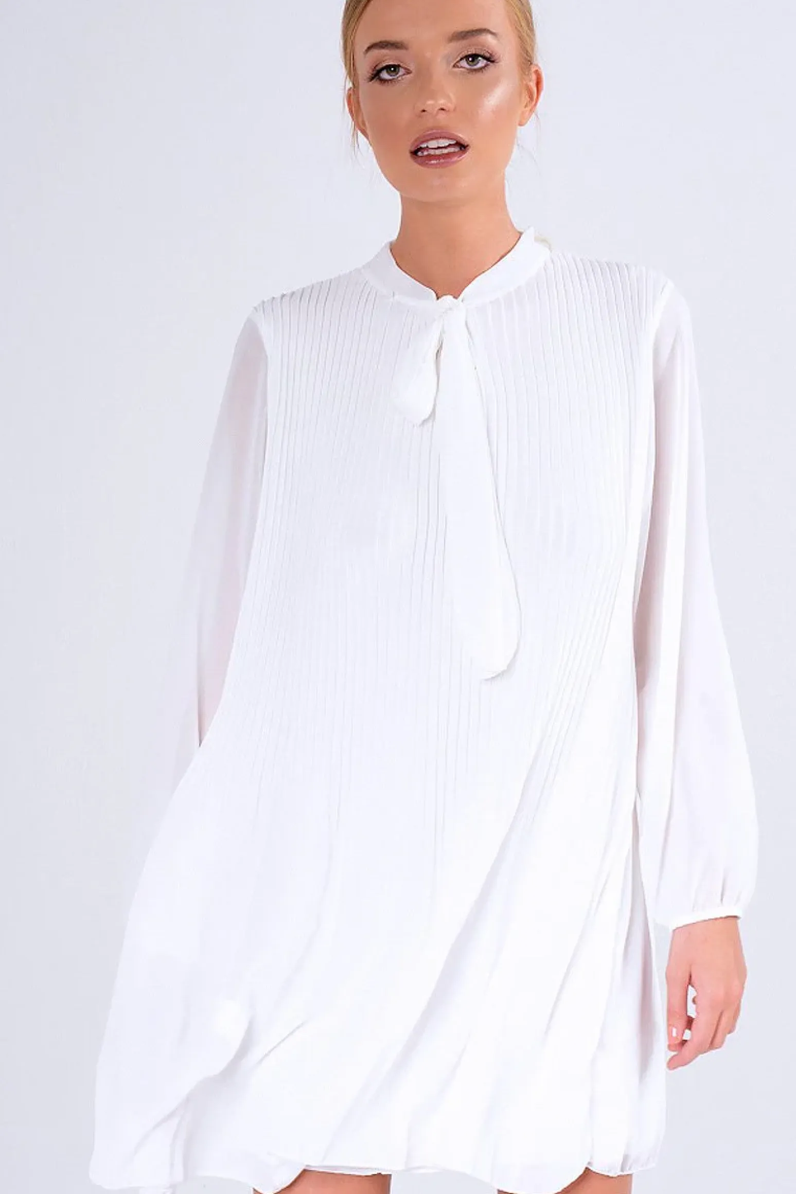 Rebellious Fashion White Pleated Tie Neck Long Sleeve Swing Dress - Nickie
