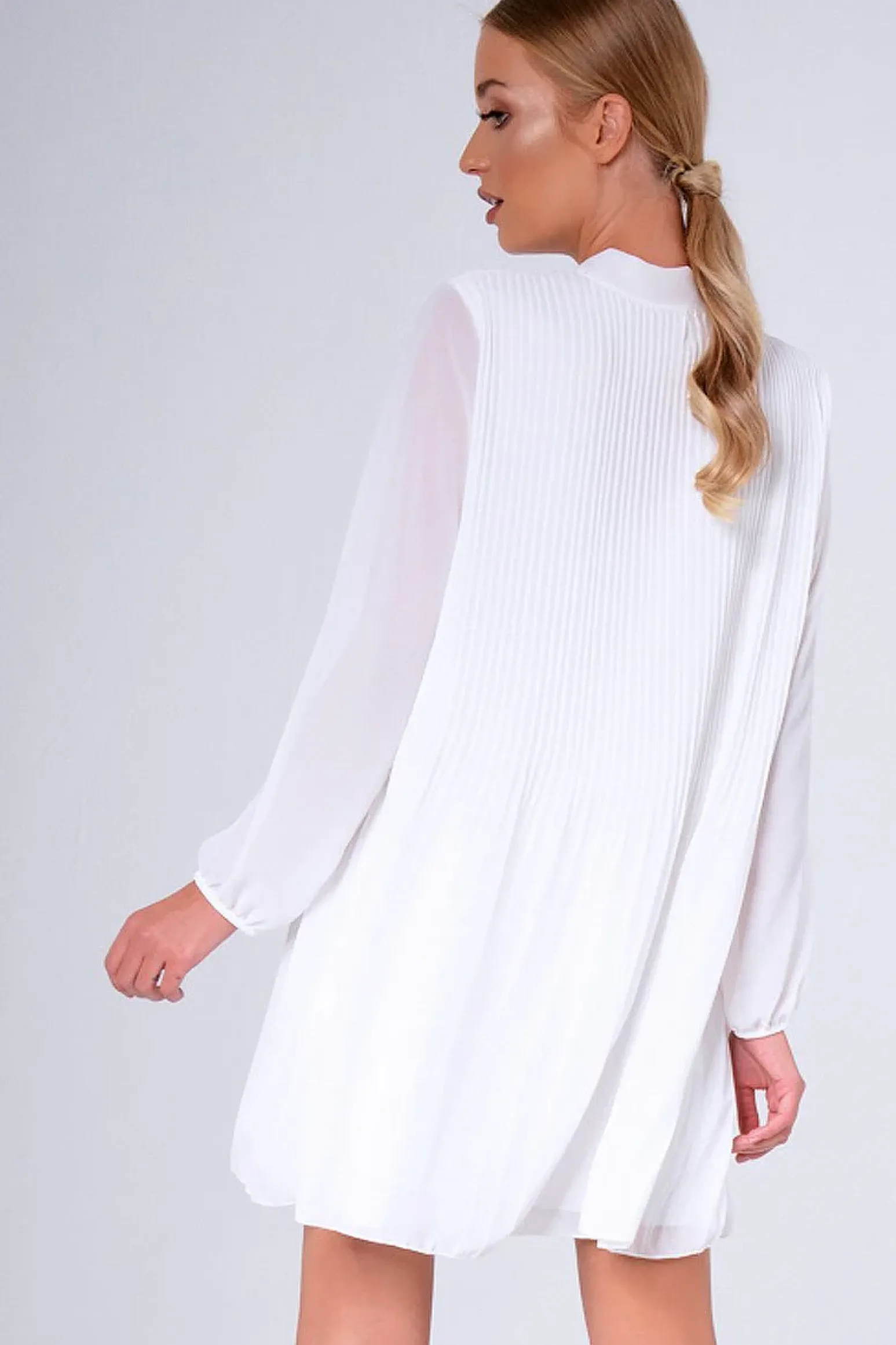Rebellious Fashion White Pleated Tie Neck Long Sleeve Swing Dress - Nickie