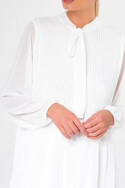 Rebellious Fashion White Pleated Tie Neck Long Sleeve Swing Dress - Nickie