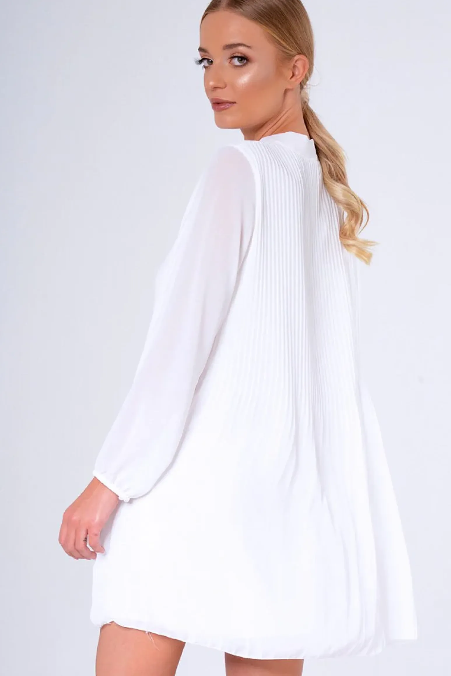 Rebellious Fashion White Pleated Tie Neck Long Sleeve Swing Dress - Nickie