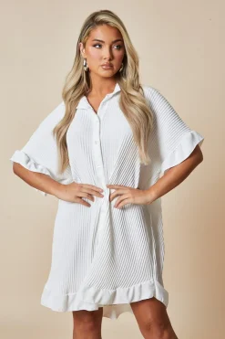 Rebellious Fashion White Plisse Detail Frill Hem Oversized Dress - Sakura