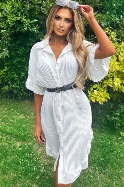 Rebellious Fashion White Plisse Detail Frill Hem Oversized Dress - Sakura