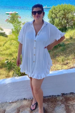 Rebellious Fashion White Plisse Detail Frill Hem Oversized Dress - Sakura