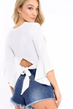 Rebellious Fashion White Plunge Bell Sleeve Crop Top - Merla