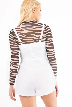 Rebellious Fashion White Plunge Belted Waist Sleeveless Playsuit - Kerstyn