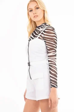 Rebellious Fashion White Plunge Belted Waist Sleeveless Playsuit - Kerstyn