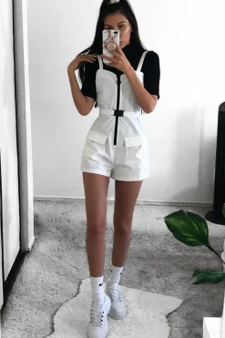 Rebellious Fashion White Plunge Belted Waist Sleeveless Playsuit - Kerstyn