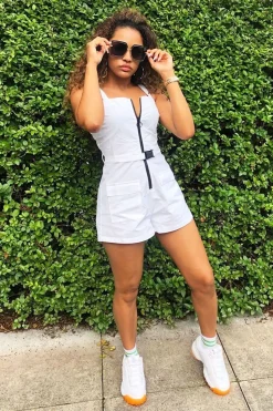 Rebellious Fashion White Plunge Belted Waist Sleeveless Playsuit - Kerstyn