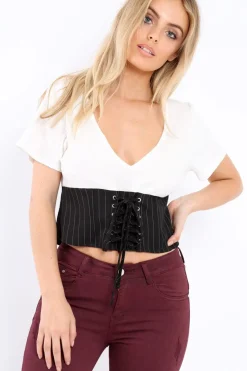 Rebellious Fashion White Plunge Black Corset Lace Front Crop Top - Brinklee
