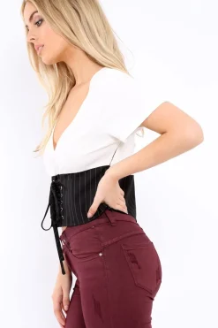 Rebellious Fashion White Plunge Black Corset Lace Front Crop Top - Brinklee