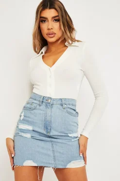Rebellious Fashion White Plunge Button Front Collar Bodysuit - Isabella