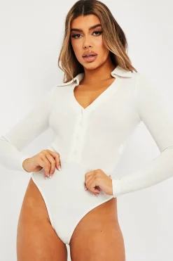 Rebellious Fashion White Plunge Button Front Collar Bodysuit - Isabella