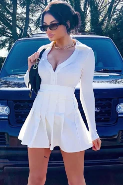 Rebellious Fashion White Plunge Button Front Collar Bodysuit - Isabella