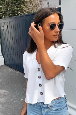 Rebellious Fashion White Plunge Button Up Crop Blouse - Merina