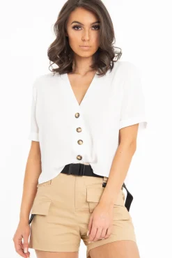 Rebellious Fashion White Plunge Button Up Crop Blouse - Merina