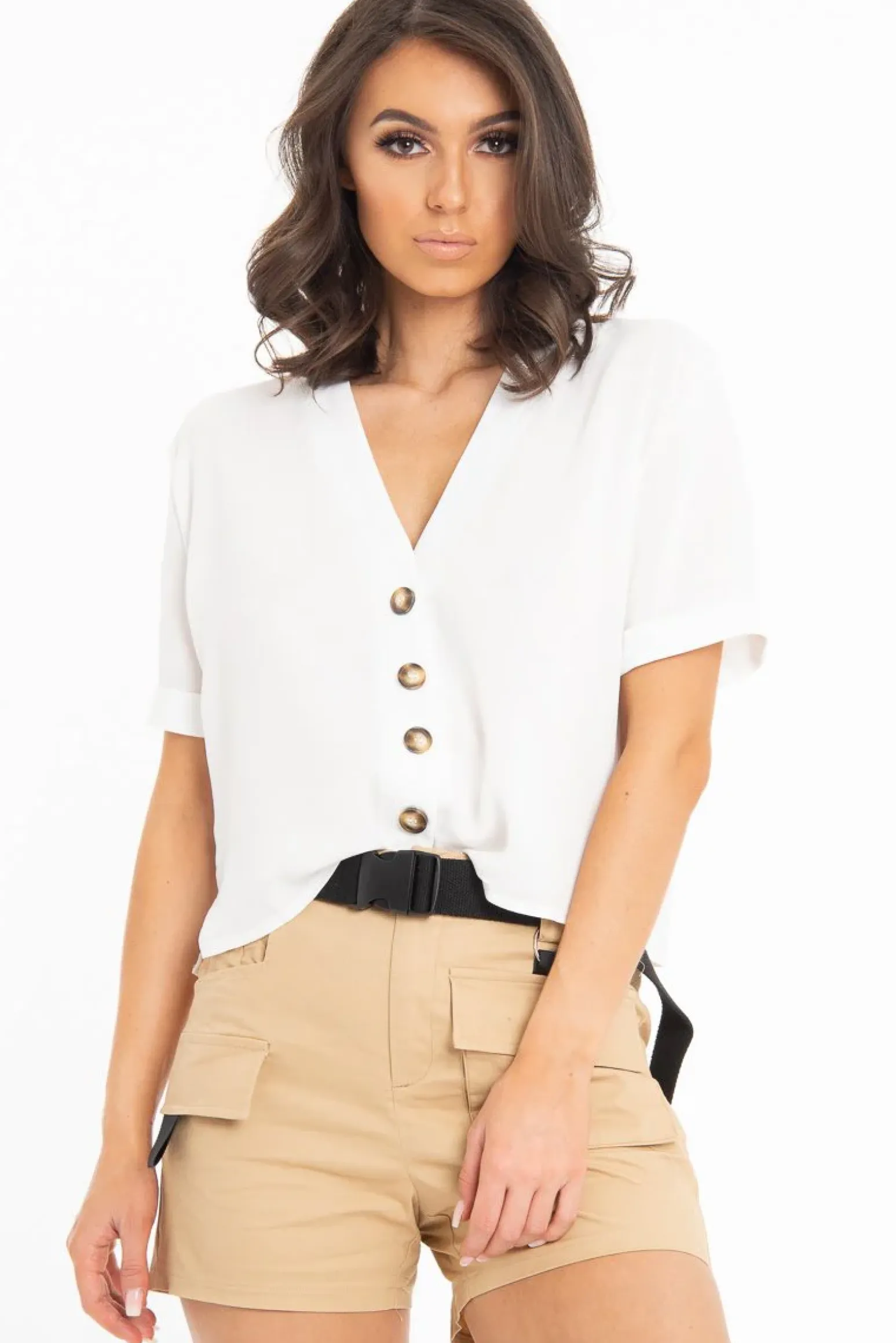 Rebellious Fashion White Plunge Button Up Crop Blouse - Merina