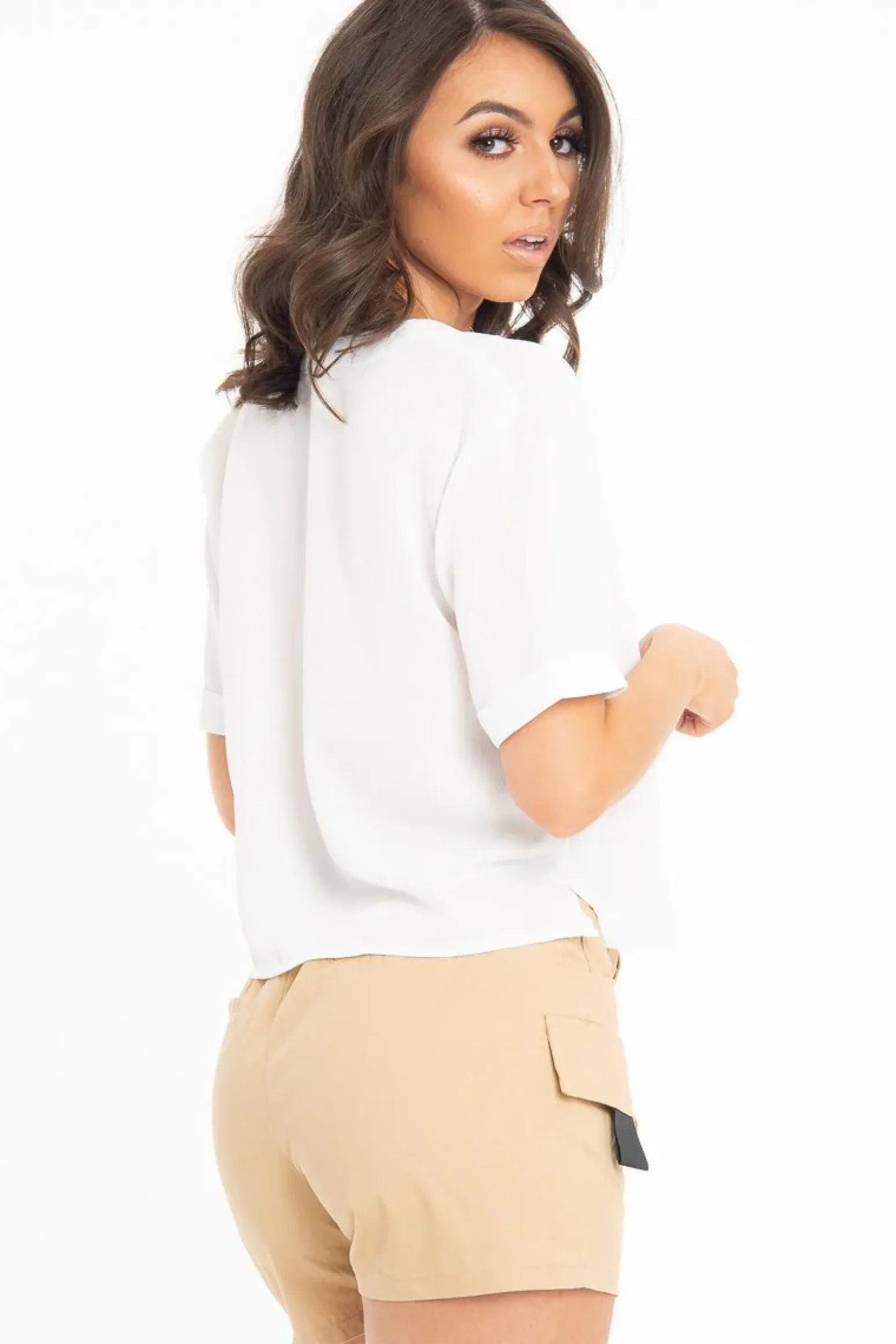 Rebellious Fashion White Plunge Button Up Crop Blouse - Merina
