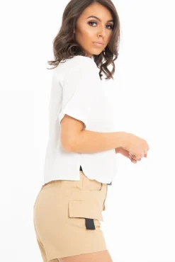 Rebellious Fashion White Plunge Button Up Crop Blouse - Merina