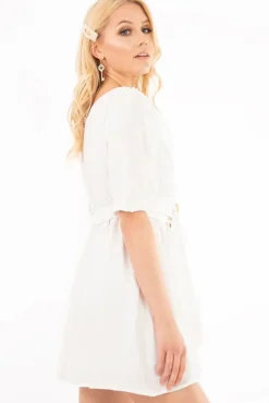 Rebellious Fashion White Plunge Crepe Belted Dress - Baily