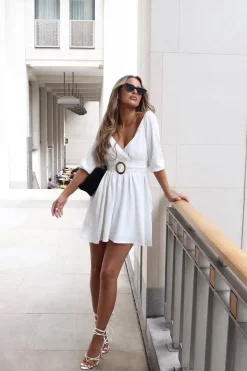 Rebellious Fashion White Plunge Crepe Belted Dress - Baily