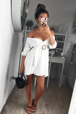 Rebellious Fashion White Plunge Crepe Belted Dress - Baily