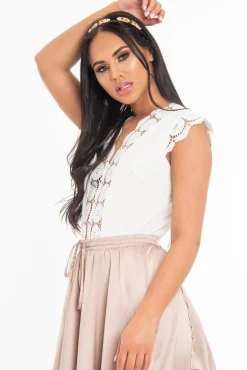 Rebellious Fashion White Plunge Crochet Insert Cap Sleeve Bodysuit - Zahida