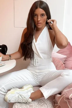Rebellious Fashion White Plunge Front Belted Jumpsuit - Mykel