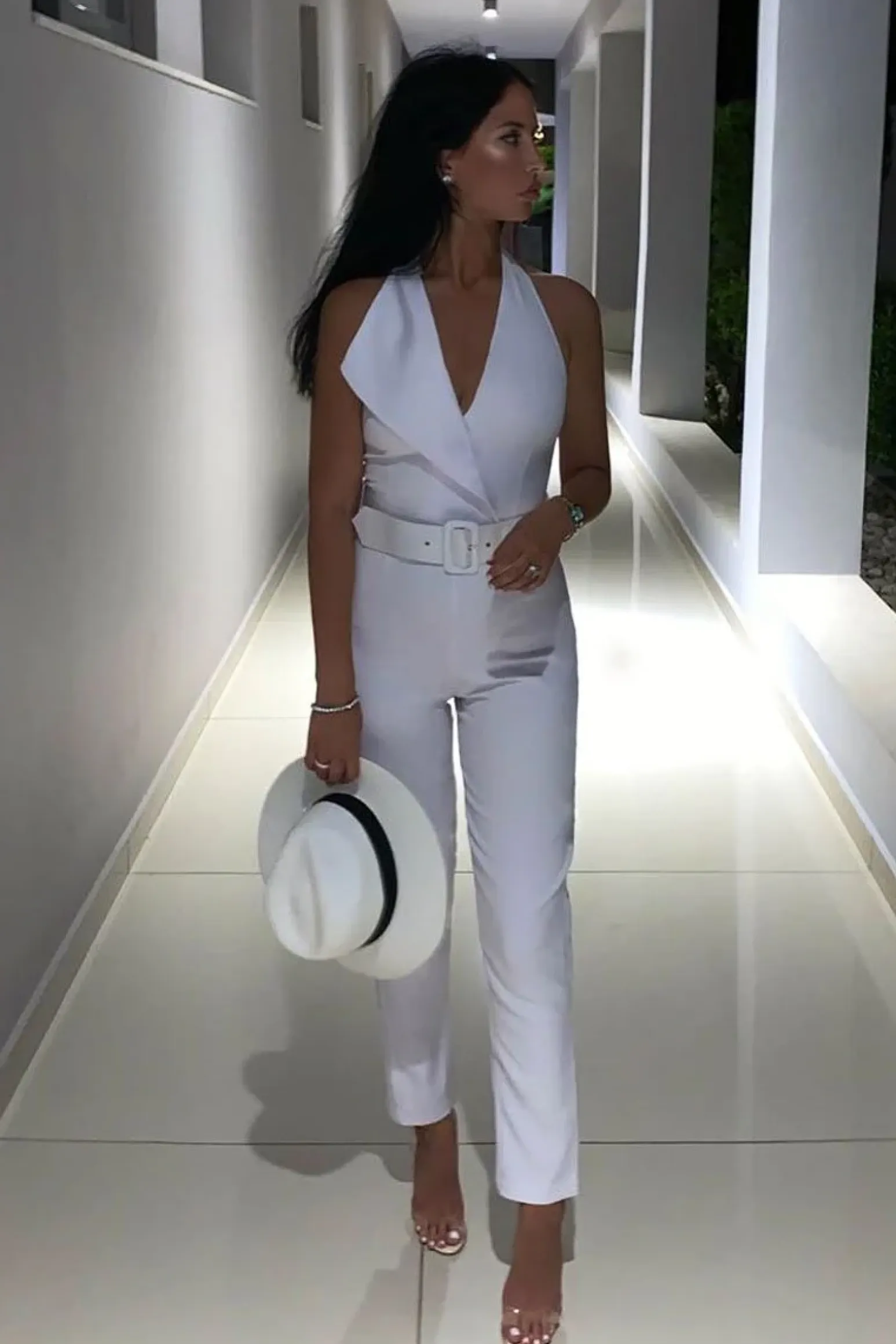 Rebellious Fashion White Plunge Front Belted Jumpsuit - Mykel