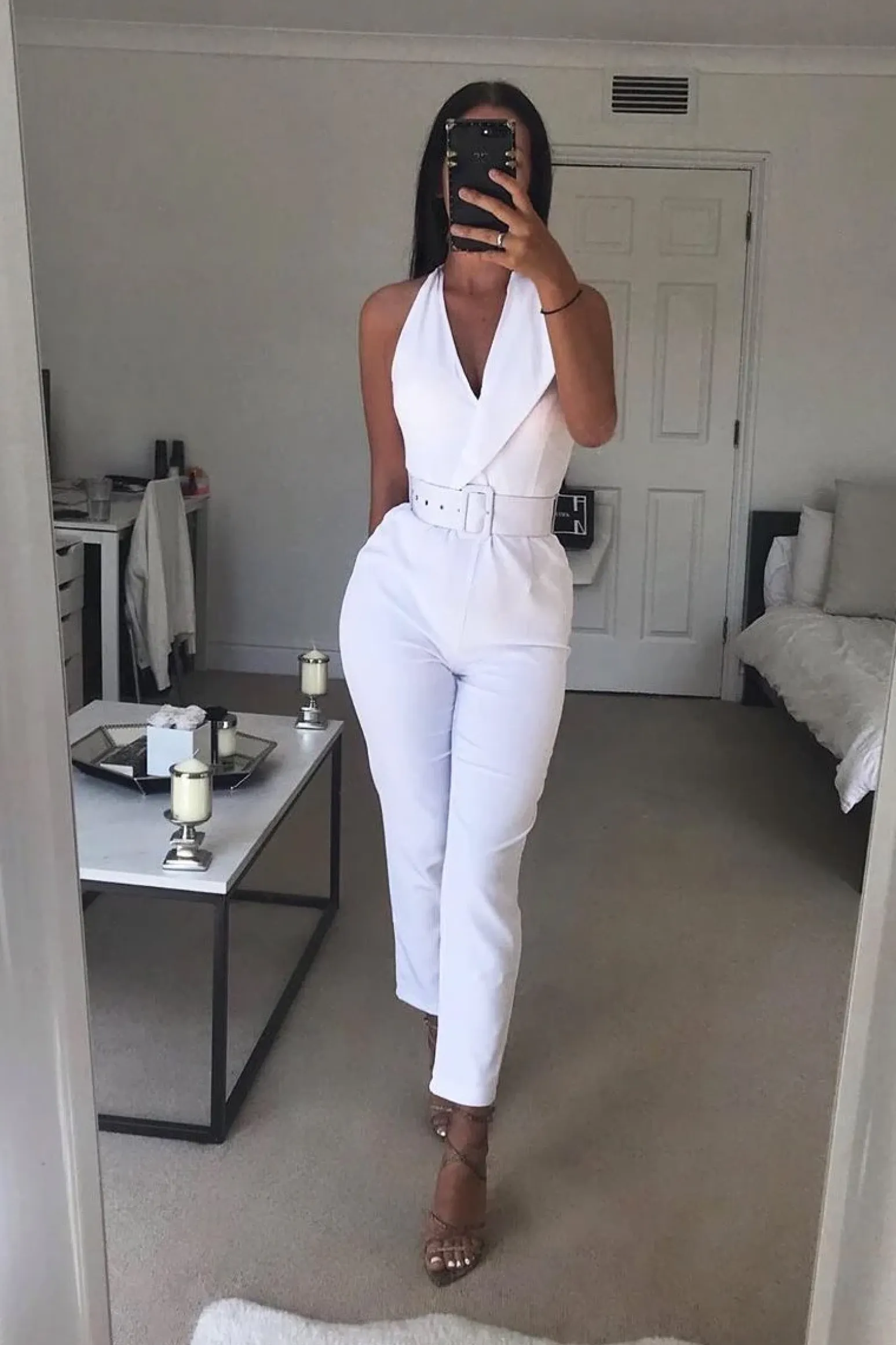 Rebellious Fashion White Plunge Front Belted Jumpsuit - Mykel