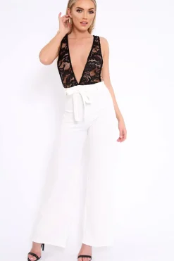Rebellious Fashion White Plunge Front Lace Jumpsuit - Felice