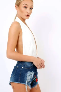 Rebellious Fashion White plunge Halterneck Bodysuit - Lona