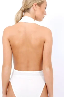 Rebellious Fashion White plunge Halterneck Bodysuit - Lona