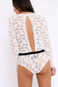 Rebellious Fashion White Plunge Keyhole Back Lace Bodysuit - Adelaide