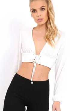 Rebellious Fashion White Plunge Lace Up Crop Top - Wyona