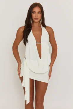 Rebellious Fashion White Plunge Neck Cowl Detail Top & Mini Skirt Co-ord Set - Lama