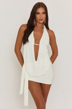 Rebellious Fashion White Plunge Neck Cowl Detail Top & Mini Skirt Co-ord Set - Lama