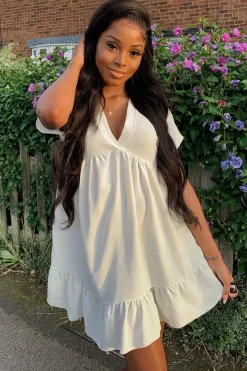 Rebellious Fashion White Plunge Neckline Tiered Dress - Caralyn