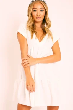 Rebellious Fashion White Plunge Neckline Tiered Dress - Caralyn