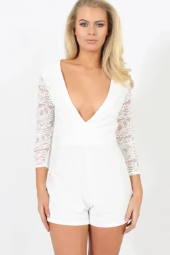 Rebellious Fashion White Plunge Playsuit - Lesley