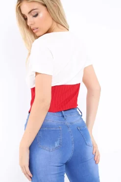 Rebellious Fashion White Plunge Red Corset Lace Front Crop Top - Brinklee