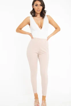 Rebellious Fashion White Plunge Ruched Bodysuit - Sookie