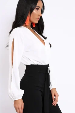 Rebellious Fashion White Plunge Satin Bodysuit with Split Sleeves - Pema