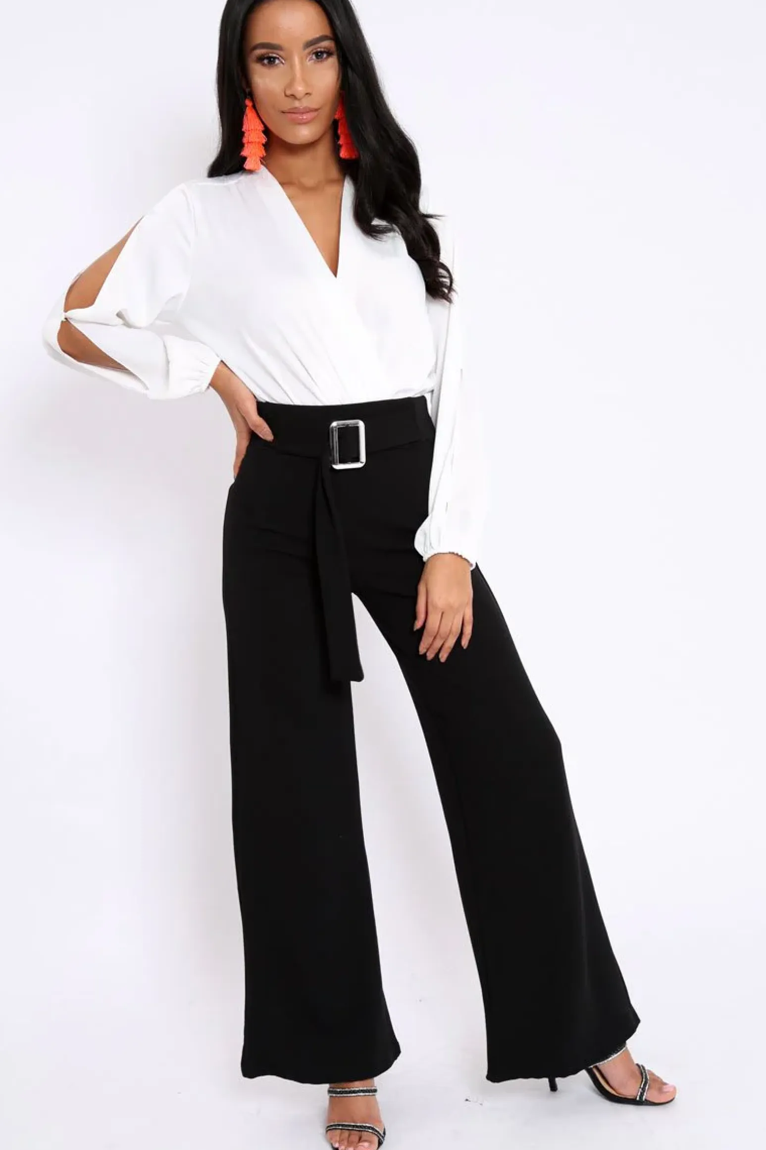 Rebellious Fashion White Plunge Satin Bodysuit with Split Sleeves - Pema