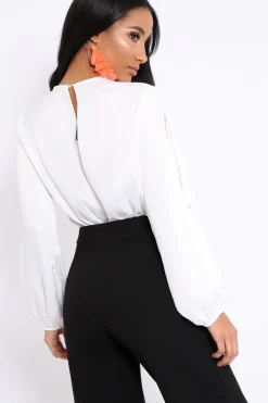 Rebellious Fashion White Plunge Satin Bodysuit with Split Sleeves - Pema
